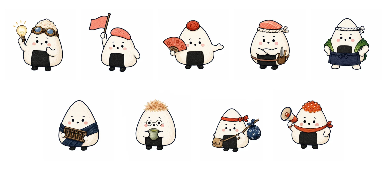 キャラクターIP「ムスビメシ」の9体(ツナマヨ、明太、梅、鮭、高菜、昆布、おかか、しお、すじこ)